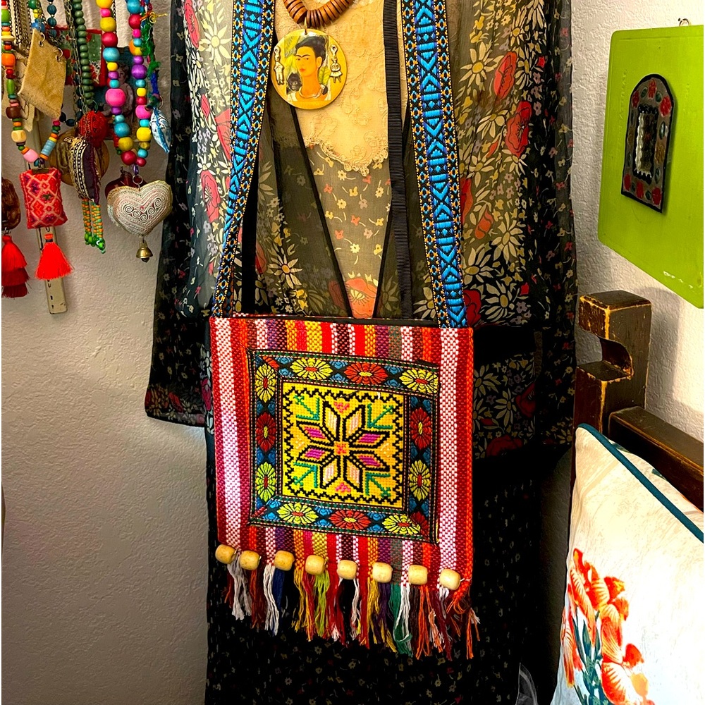 Weaved boho pouch/purse with Hmong needlework patch